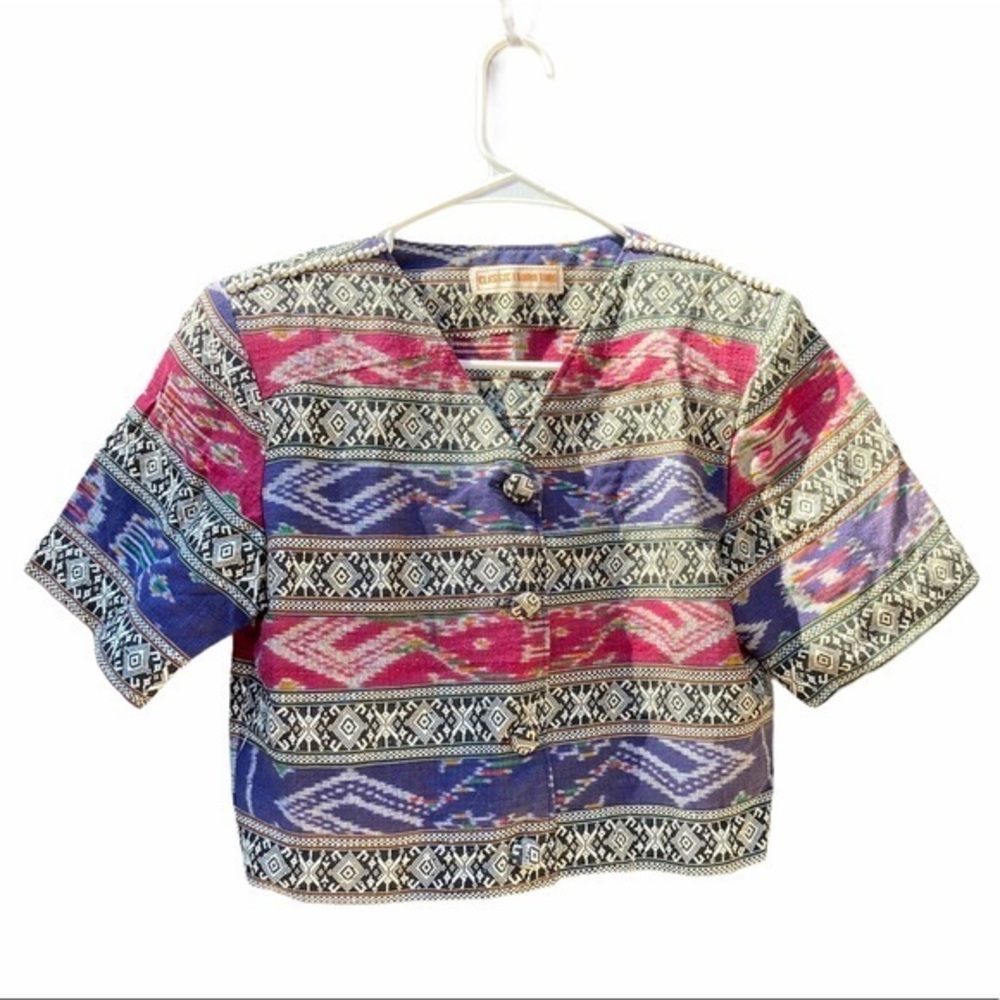 Vintage Crop Blazzer Boho Textile Classic Lana Thai Crop Top Pink & Purple | XL